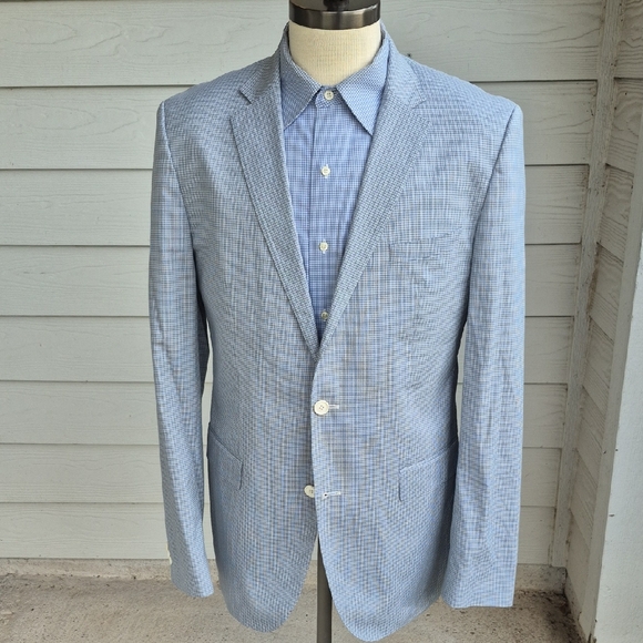 HUGO BOSS The Keys Grey White Blue Plaid Cotton Blend Mens Sz 42 L‎ Sport Coat